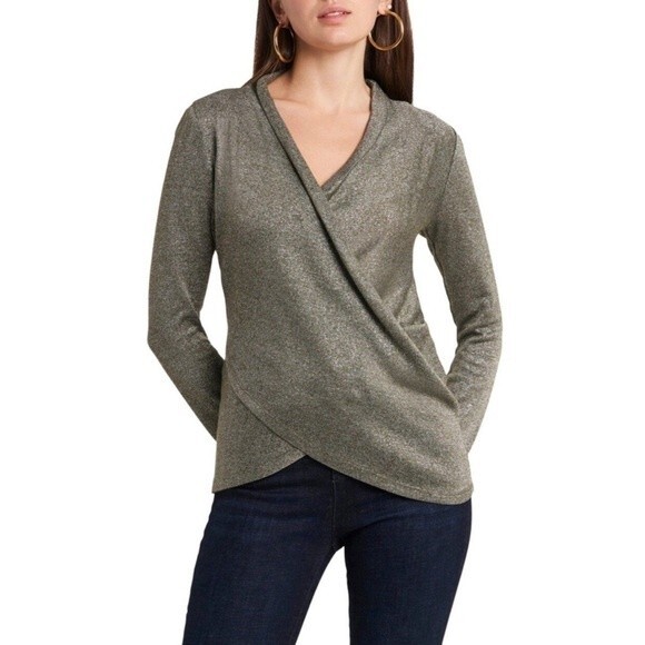 1. State Sparkle Knit Cross Front Top Army Green Heather Metallic Balletcore XS - Picture 1 of 8